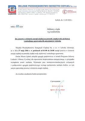 Grafika Przerwa w dostawie ciepła na potrzeby przygotowania ciepłej wody użytkowej i centralnego ogrzewania dla mieszkańców Lęborka.